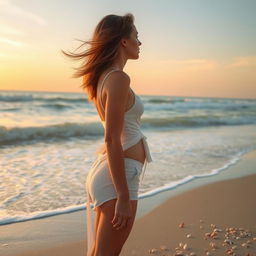 A serene beach with a beautiful woman gazing at the ocean