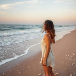 A serene beach with a beautiful woman gazing at the ocean