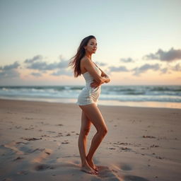 A picturesque beach scene at dusk, featuring a confident and beautiful woman enjoying the natural surroundings