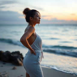 A picturesque beach scene at dusk, featuring a confident and beautiful woman enjoying the natural surroundings