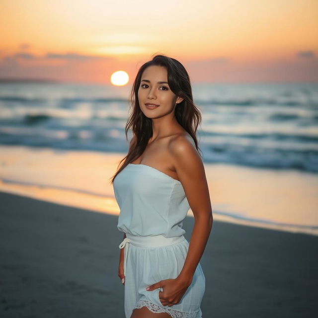 A picturesque beach scene at dusk, featuring a confident and beautiful woman enjoying the natural surroundings