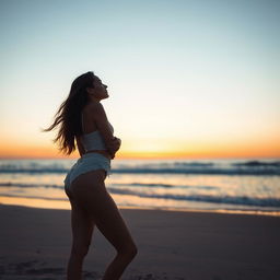 A picturesque beach scene at dusk, featuring a confident and beautiful woman enjoying the natural surroundings