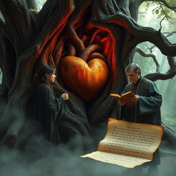 A mystical ancient wooden heart hidden within the twisted branches of an old tree