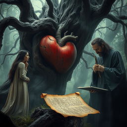 A mystical ancient wooden heart hidden within the twisted branches of an old tree