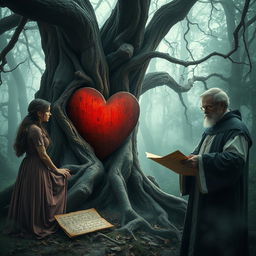 A mystical ancient wooden heart hidden within the twisted branches of an old tree