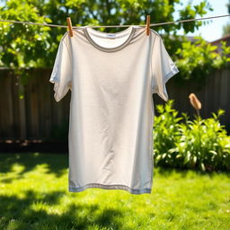 A casual T-shirt hanging neatly on a clothesline in a backyard setting