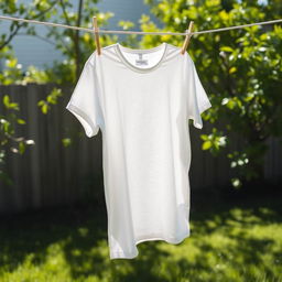 A casual T-shirt hanging neatly on a clothesline in a backyard setting