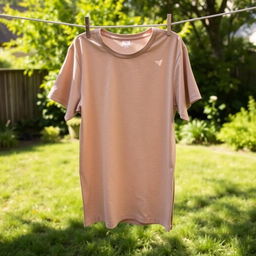 A casual T-shirt hanging neatly on a clothesline in a backyard setting