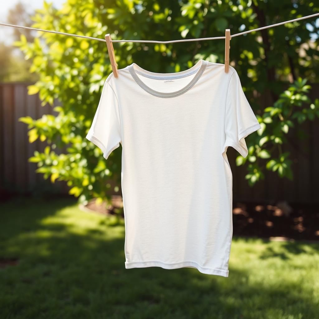 A casual T-shirt hanging neatly on a clothesline in a backyard setting