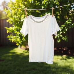 A casual T-shirt hanging neatly on a clothesline in a backyard setting