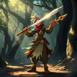 A fantasy bard character wielding a unique flute sword