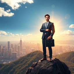 Digital artwork depicting a confident individual standing atop a mountain, with a breathtaking panoramic view of a prosperous city skyline, symbolizing financial success