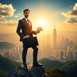 Digital artwork depicting a confident individual standing atop a mountain, with a breathtaking panoramic view of a prosperous city skyline, symbolizing financial success