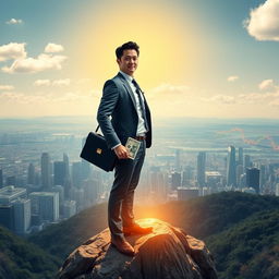 Digital artwork depicting a confident individual standing atop a mountain, with a breathtaking panoramic view of a prosperous city skyline, symbolizing financial success