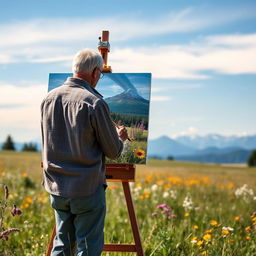 A lone artist stands at a wooden easel in the middle of a sunlit meadow, vividly painting the vibrant colors of wildflowers and a distant mountain range under a clear blue sky