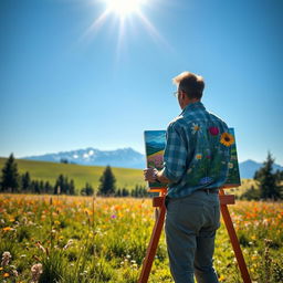 A lone artist stands at a wooden easel in the middle of a sunlit meadow, vividly painting the vibrant colors of wildflowers and a distant mountain range under a clear blue sky