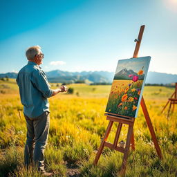 A lone artist stands at a wooden easel in the middle of a sunlit meadow, vividly painting the vibrant colors of wildflowers and a distant mountain range under a clear blue sky