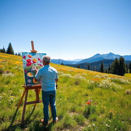 A lone artist stands at a wooden easel in the middle of a sunlit meadow, vividly painting the vibrant colors of wildflowers and a distant mountain range under a clear blue sky