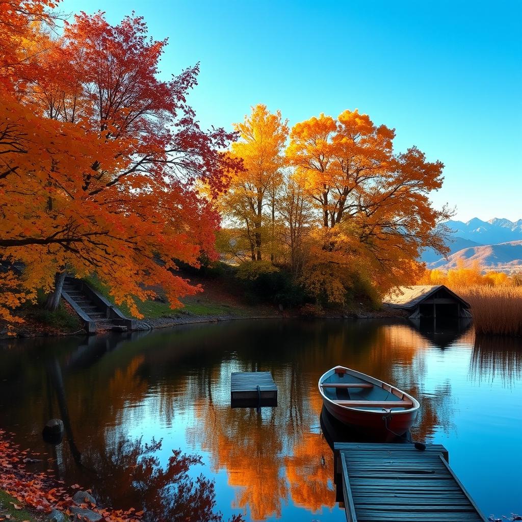 A serene autumn landscape with a clear blue sky, vibrant orange and yellow leaves, a calm lake reflecting the trees, and a gentle breeze rustling the leaves