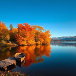 A serene autumn landscape with a clear blue sky, vibrant orange and yellow leaves, a calm lake reflecting the trees, and a gentle breeze rustling the leaves