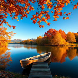 A serene autumn landscape with a clear blue sky, vibrant orange and yellow leaves, a calm lake reflecting the trees, and a gentle breeze rustling the leaves