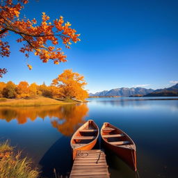 A serene autumn landscape with a clear blue sky, vibrant orange and yellow leaves, a calm lake reflecting the trees, and a gentle breeze rustling the leaves