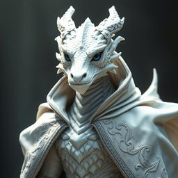 A majestic white dragonborn with piercing blue eyes wearing an elegant cloak