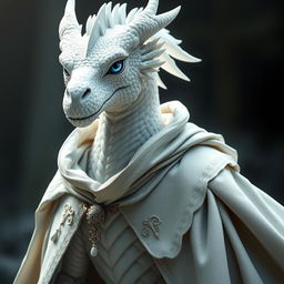 A majestic white dragonborn with piercing blue eyes wearing an elegant cloak