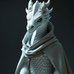 A majestic white dragonborn with piercing blue eyes wearing an elegant cloak