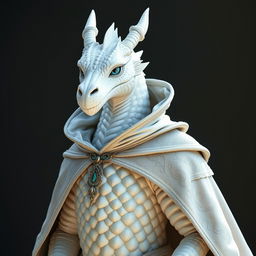 A majestic white dragonborn with piercing blue eyes wearing an elegant cloak