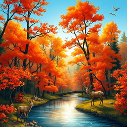 A stunning illustration of a lush forest during autumn, with vibrant orange and red leaves