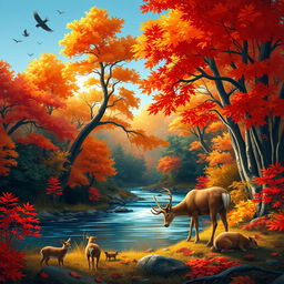 A stunning illustration of a lush forest during autumn, with vibrant orange and red leaves