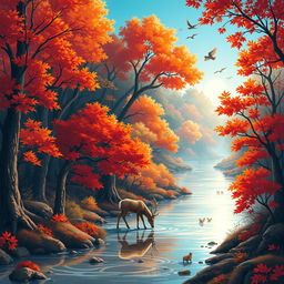 A stunning illustration of a lush forest during autumn, with vibrant orange and red leaves