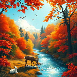 A stunning illustration of a lush forest during autumn, with vibrant orange and red leaves