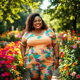 A joyful celebration of body positivity featuring a confident and happy individual embracing their fuller figure