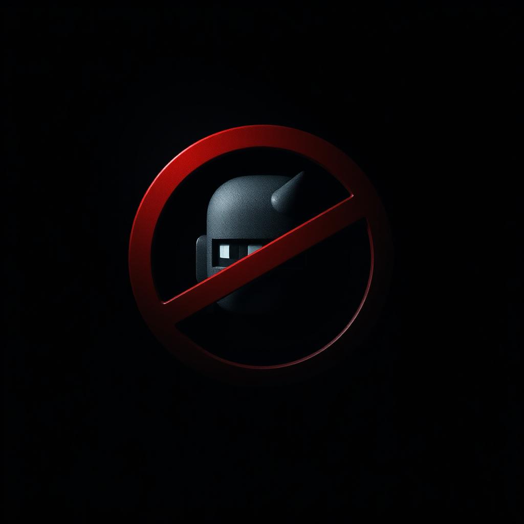 A dark and enigmatic background with strong shadow contrasts, featuring a red prohibition icon overlaying a distorted iconic video game character