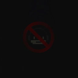 A dark and enigmatic background with strong shadow contrasts, featuring a red prohibition icon overlaying a distorted iconic video game character