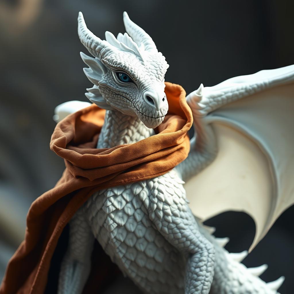 A majestic white dragonborn with piercing blue eyes wearing a rich brown cloak