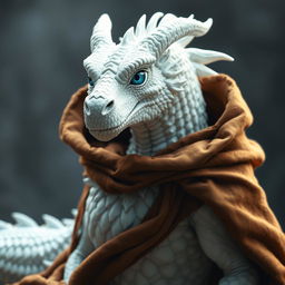 A majestic white dragonborn with piercing blue eyes wearing a rich brown cloak