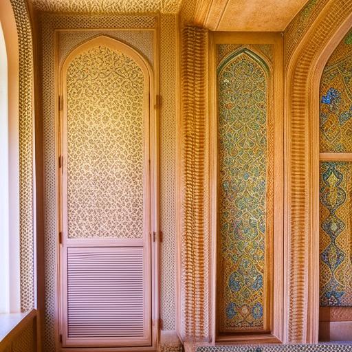 A bedroom with Iranian design featuring rich textures, warm colors, and unique architectural details.