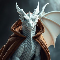 A majestic white dragonborn with piercing blue eyes wearing a rich brown cloak