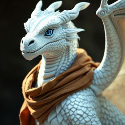 A majestic white dragonborn with piercing blue eyes wearing a rich brown cloak