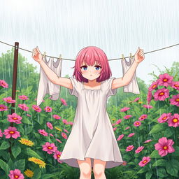 A pink-haired girl hanging clothes in the rain, tears streaming down her face