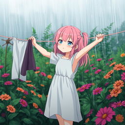 A pink-haired girl hanging clothes in the rain, tears streaming down her face