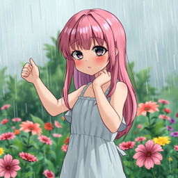 A pink-haired girl hanging clothes in the rain, tears streaming down her face