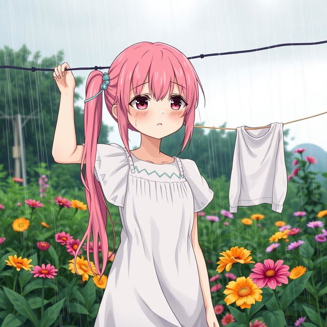 A pink-haired girl hanging clothes in the rain, tears streaming down her face