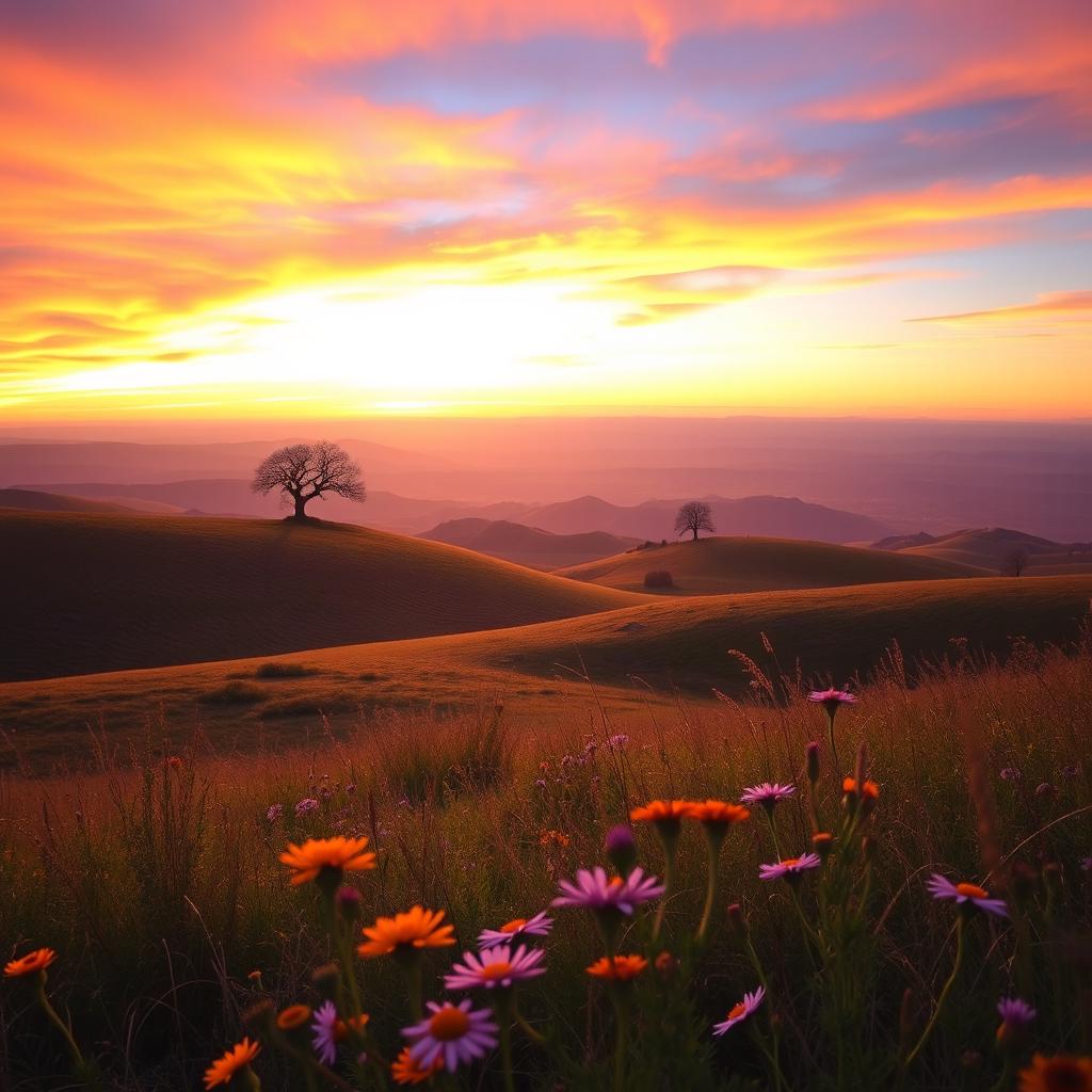 Stunning landscape of a sunset over rolling hills, with vibrant, warm colors in the sky