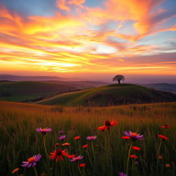 Stunning landscape of a sunset over rolling hills, with vibrant, warm colors in the sky