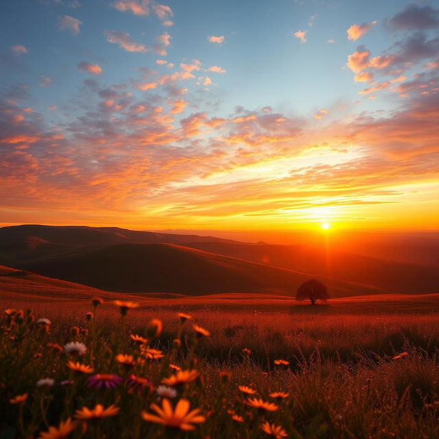 Stunning landscape of a sunset over rolling hills, with vibrant, warm colors in the sky