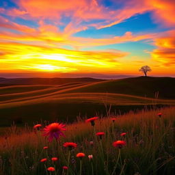 Stunning landscape of a sunset over rolling hills, with vibrant, warm colors in the sky